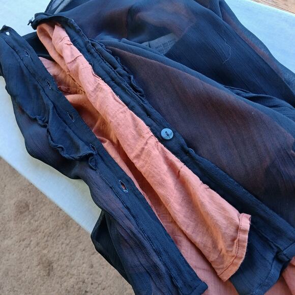 Vintage 1990s Phool Ruffle Collar Blouse M sheer black button up orange lining - Picture 6 of 15
